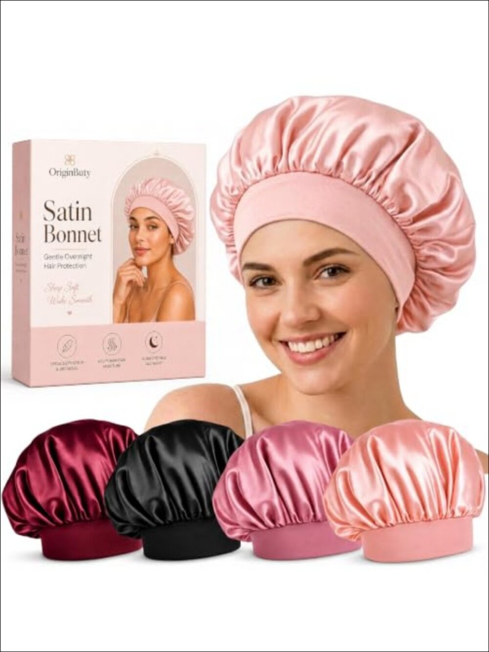 4 Pack Silk Satin Hair Bonnets Sleep Cap Wide Elastic Band Adjustable